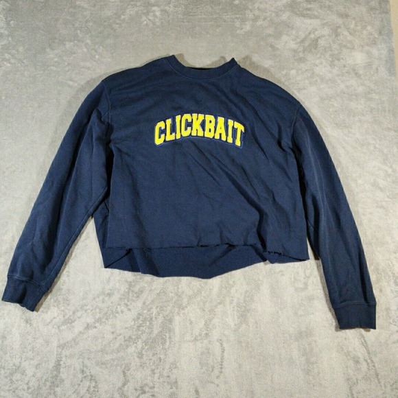Clickbait Sweatshirt Womens 2X Blue Yellow Logo Cropped‎ Casual Pullover Active - Picture 1 of 7
